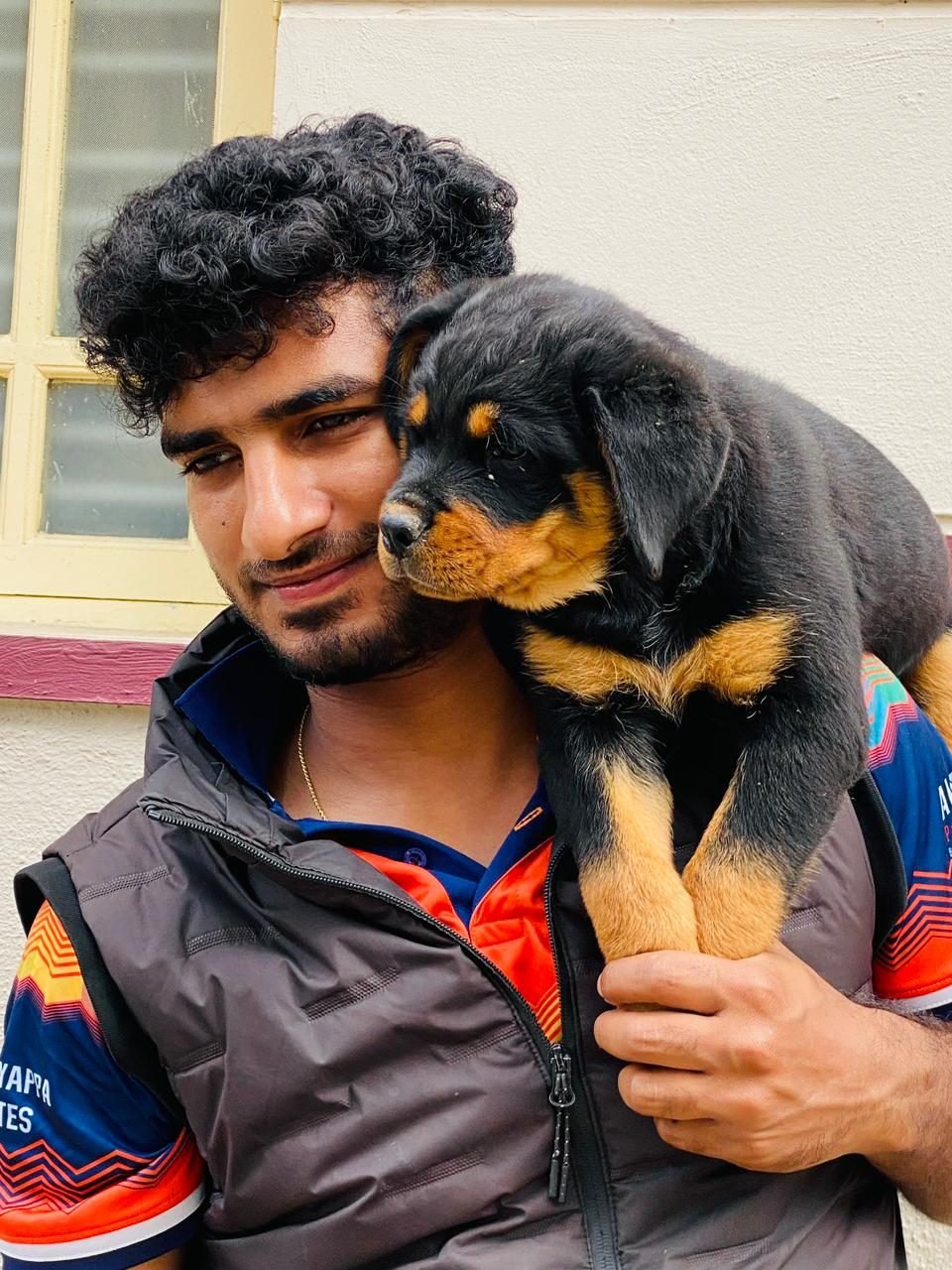 Rottweiler puppy held close